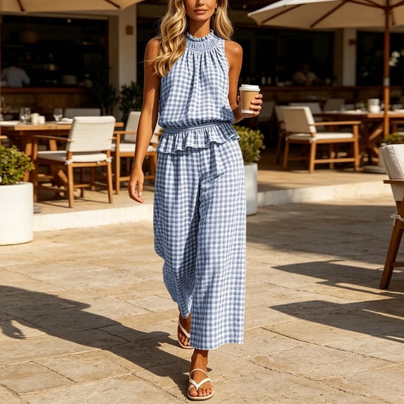 KIHOUT Women 2 Piece Outfits Halter Neck Sleeveless Ruffled Top and High Waisted Wide Leg Pants Set Gingham Print Casual Summer Lounge Wear with Pockets