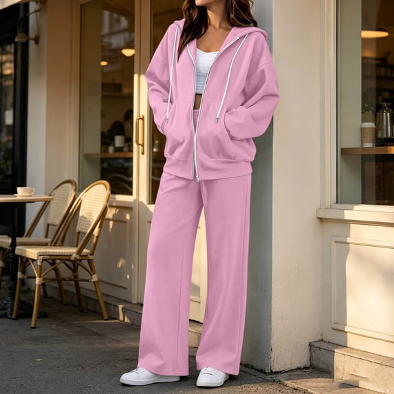 KIHOUT Women 2 Piece Tracksuit Full Zip Hooded Sweatshirt Top Elastic Waist Wide Leg Sweatpants Casual Winter Loungewear Set With Pockets