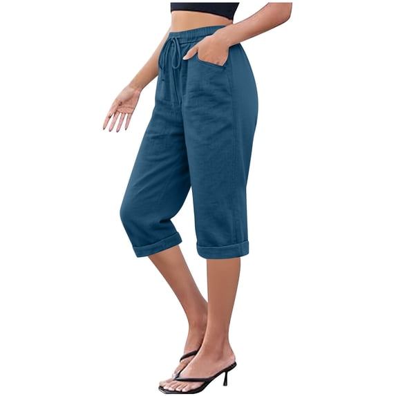 KIHOUT Women High Waisted Capri Pants Loose Fit Drawstring Elastic Waist Casual Solid Color Cropped Trousers with Pockets