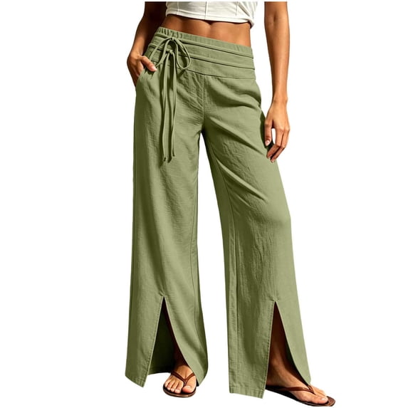 KIHOUT Women High Waisted Solid Color Linen Pants Elastic Waist Tie Front Wide Leg Pants with Side Slits and Pockets Long Casual Trousers for Women
