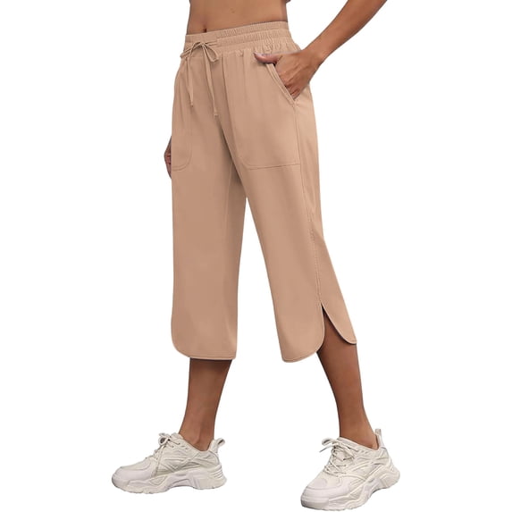 KIHOUT Women High Waisted Wide Leg Capri Pants Solid Color Drawstring Elastic Waist Casual Cropped Trousers with Pockets Side Slit Summer Beach Pants