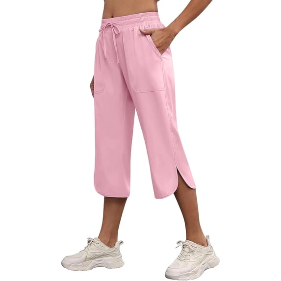 KIHOUT Women High Waisted Wide Leg Capri Pants Solid Color Drawstring Elastic Waist Casual Cropped Trousers with Pockets Side Slit Summer Beach Pants