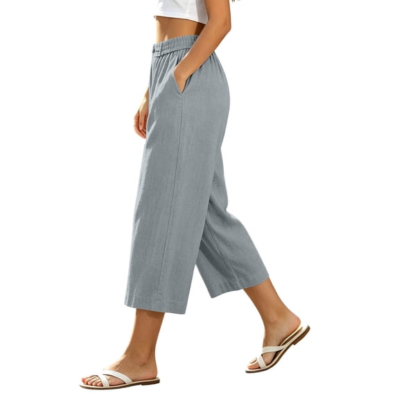 KIHOUT Women High Waisted Wide Leg Capri Pants Solid Color Elastic Waist Casual Cropped Trousers with Pockets Loose Fit Beach Pants