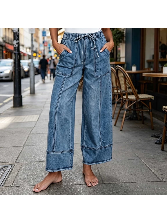 Women High Waisted Wide Leg Cargo Jeans with Drawstring Elastic Waist Pockets Cuffed Hem Loose Fit Denim Trousers for Casual Daily