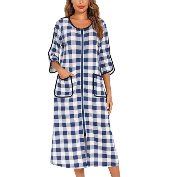 KIHOUT Women Robes Zipper Front 3/4 Sleeve Housecoat with Pockets Plaid Nightgown S-2XL