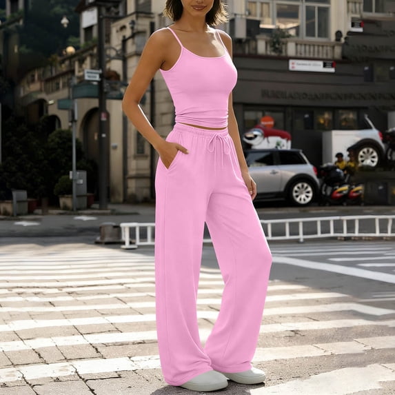 KIHOUT Women Solid 2 Piece Outfit Sleeveless Spaghetti Strap Cami Crop Top Drawstring Elastic Waist Wide Leg Long Pants With Pockets Casual Matching Set For Loungewear Daily Street Wear
