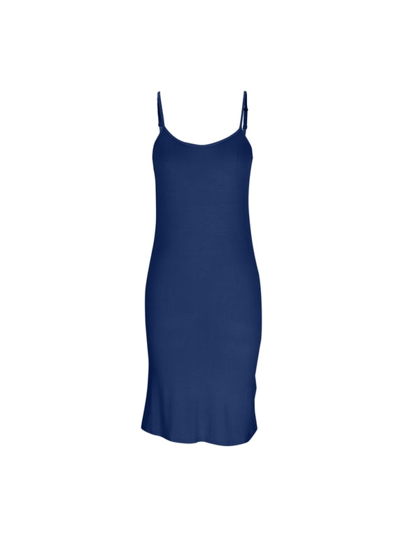 Women Solid Adjustable Spaghetti Strap Midi Nightgown Slim Fit Slip Sleep Dress Ruffled Hem Ladies Indoor Loungewear Blue M