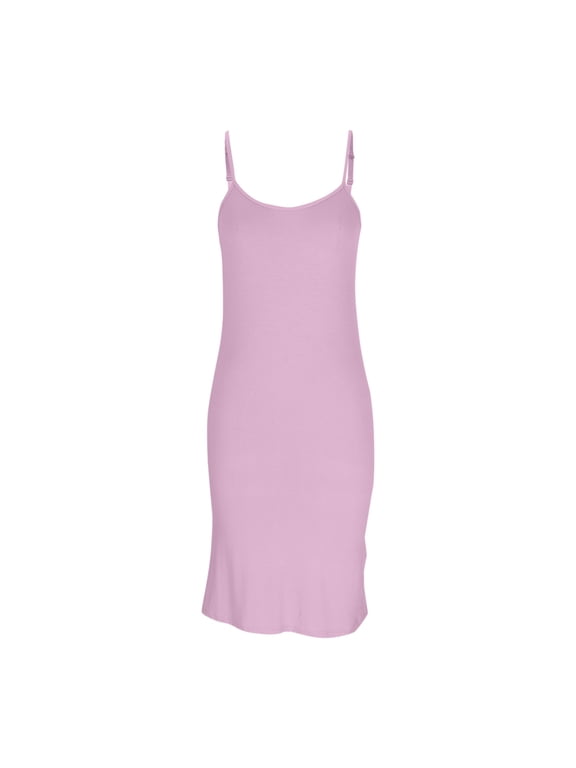 Women Solid Adjustable Spaghetti Strap Midi Nightgown Slim Fit Slip Sleep Dress Ruffled Hem Ladies Indoor Loungewear Pink S