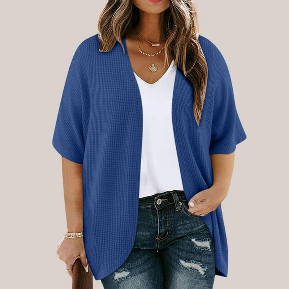 KIHOUT Women Solid Color Plus Size Waffle Cardigan Spring Summer Casual Short Sleeved Front Open Cardigan