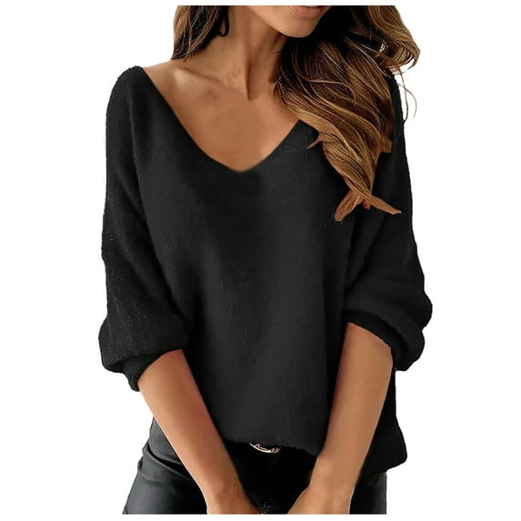 KIHOUT Women Solid Long Sleeve V-neck Blouse Pullover Tunic Tops Shirt