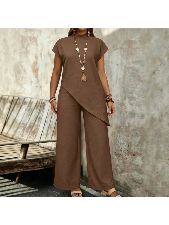 Women Summer Asymmetric Top and Wide Leg Pants Set Casual Knit Two Piece Outfits Short Sleeve Loose Fit Tracksuit for Daily Vacation