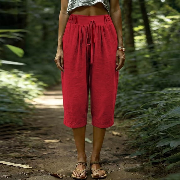 KIHOUT Women Summer High Waisted Wide Leg Capri Pants Solid Color Drawstring Elastic Waist Casual Cropped Trousers with Pockets Loose Fit Beach Pants
