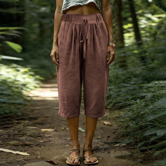 KIHOUT Women Summer High Waisted Wide Leg Capri Pants Solid Color Drawstring Elastic Waist Casual Cropped Trousers with Pockets Loose Fit Beach Pants