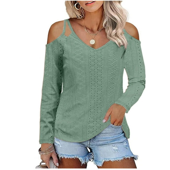 KIHOUT Women V-Neck Sleeve Off Shoulder Long Sleeve Loose T-Shirt Blouse Pullover Tops
