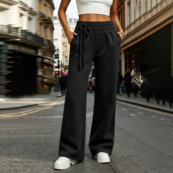 KIHOUT Women Wide Leg Sweatpants High Waisted Baggy Straight Leg Pants with Pockets Elastic Waist Drawstring Casual Lounge Joggers Solid Color Long Pants for Women Winter