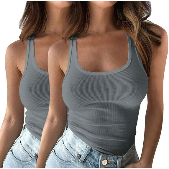 KIHOUT Women's 2-Pack Solid Color Ribbed U-Neck Tank Tops Sleeveless Form-Fitting Base Layer for Casual Workout Daily Wear