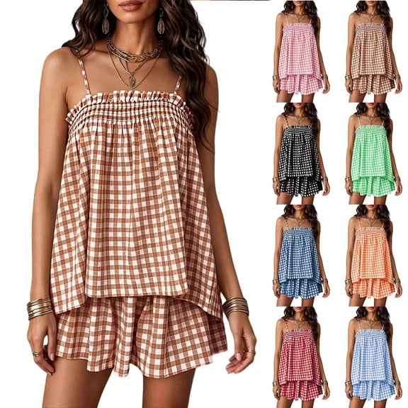 KIHOUT Women's 2 Piece Outfit Gingham Checkerboard Cami Top and Shorts Set Summer Casual Spaghetti Strap Ruffle Hem Matching Sets for Women Vacation