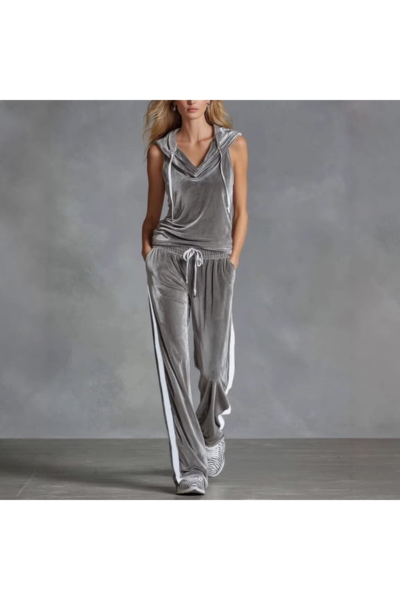 Women's 2 Piece Velour Tracksuit Sleeveless Hooded Cowl Neck Top and High Waist Drawstring Wide Leg Pants Casual Loungewear Set