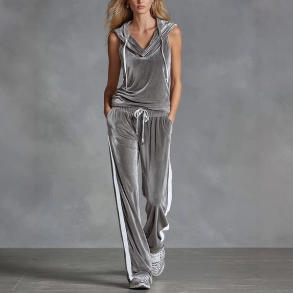 KIHOUT Women's 2 Piece Velour Tracksuit Sleeveless Hooded Cowl Neck Top and High Waist Drawstring Wide Leg Pants Casual Loungewear Set