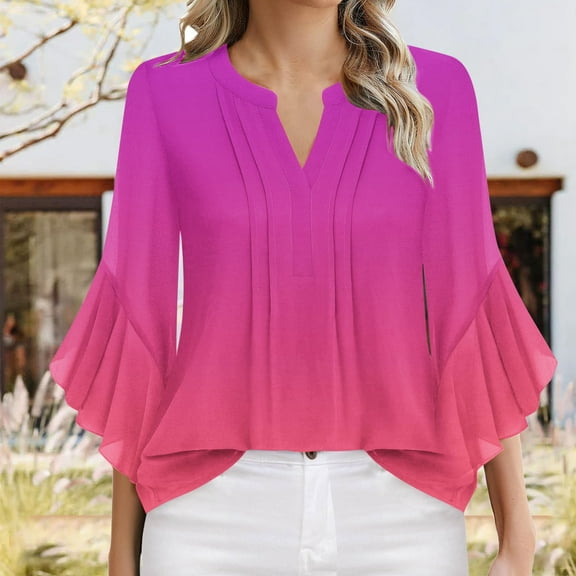 KIHOUT Women's 3/4 Sleeve Tops Dressy Casual V-Neck Business Work Blouses Chiffon Office Shirts