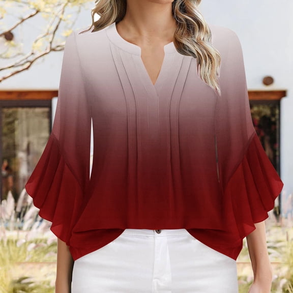 KIHOUT Women's 3/4 Sleeve Tops Dressy Casual V-Neck Business Work Blouses Chiffon Office Shirts