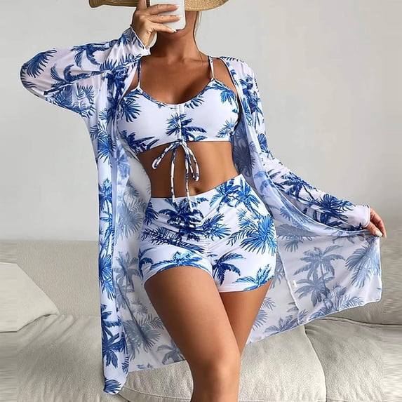 KIHOUT Women's 3-Piece Tropical Print Swimsuit Set | High Waisted Shorts with Crop Top and Long Sleeve Cover-Up | Drawstring Bathing Suit