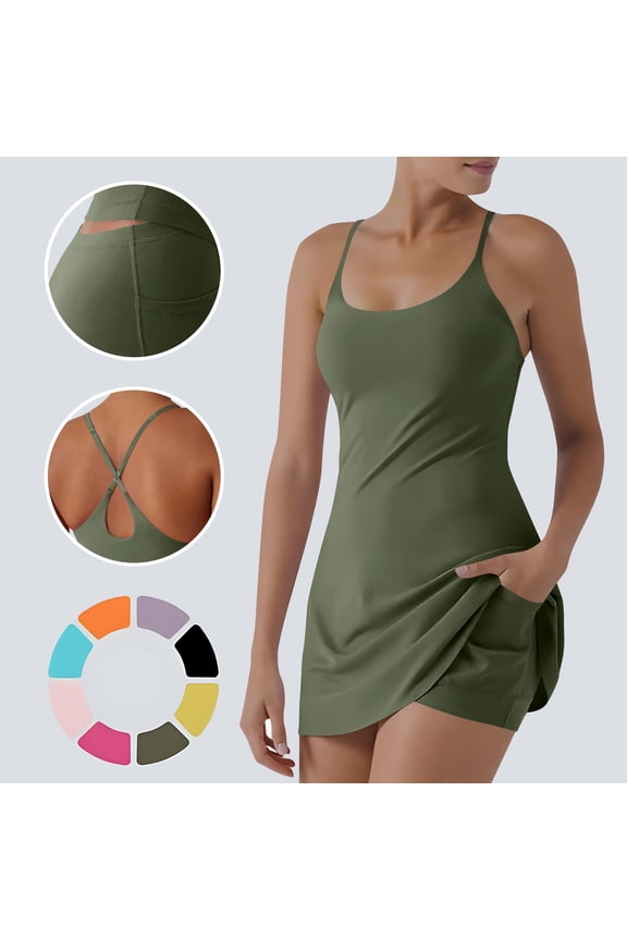 Women's Athletic Dress with Built-in Shorts Criss Cross Back Strap Sleeveless Workout Dress with Pockets Plus Size Tennis Golf Casual Wear