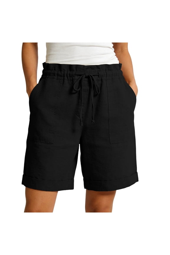 Women's Bermuda Shorts with Paper Bag Waist Drawstring Linen Look Cuffed Hem Casual Shorts with Side Pockets for Summer Everyday and Vacation Wear