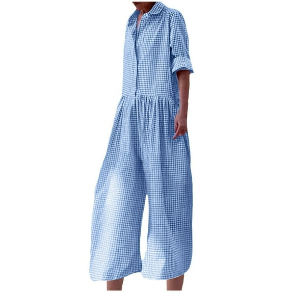 KIHOUT Women's Black and White Checkered Print Shirt Collar Jumpsuit with Rolled Sleeves Wide Leg Casual Romper for Summer Wear