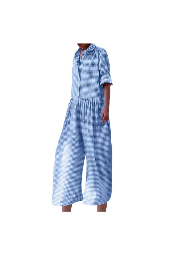 Women's Black and White Checkered Print Shirt Collar Jumpsuit with Rolled Sleeves Wide Leg Casual Romper for Summer Wear
