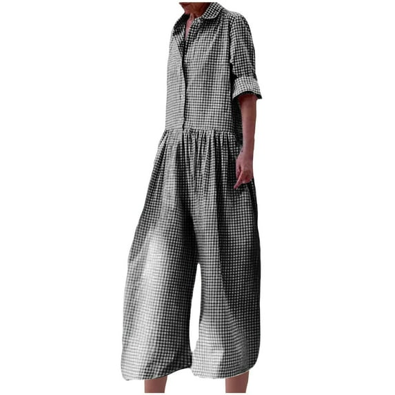 KIHOUT Women's Black and White Checkered Print Shirt Collar Jumpsuit with Rolled Sleeves Wide Leg Casual Romper for Summer Wear