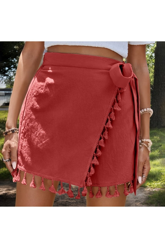Women's Boho Wrap Skort Shorts with Tassel Trim, Tie Waist Cotton Casual Shorts for Beach Vacation and Summer Everyday Wear