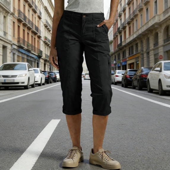 KIHOUT Women's Cargo Capri Pants - 100% Polyester, Button Closure, Multi Pockets, Rolled Cuffs, Casual Work Outdoor Daily Wear for All Seasons