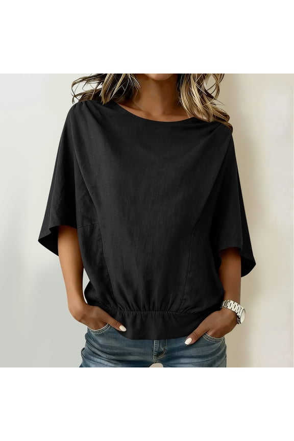 Women's Casual Boat Neck Dolman Sleeve Blouse with Gathered Hem and Shoulder Detail Loose Fit Summer Top for Everyday Wear, Brunch and Office Casual