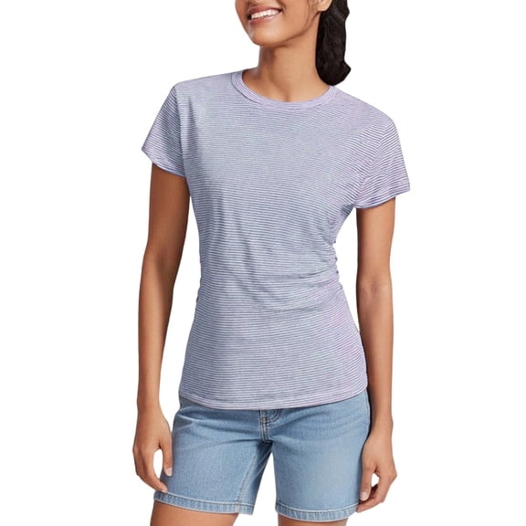 KIHOUT Women's Casual Fashion Striped Short Sleeve Round Neck Ruched Side Top Daily Wear Blouse