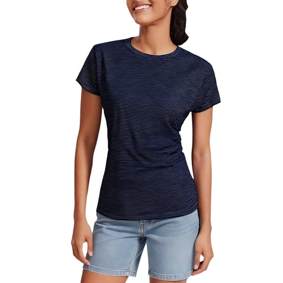 KIHOUT Women's Casual Fashion Striped Short Sleeve Round Neck Ruched Side Top Daily Wear Blouse