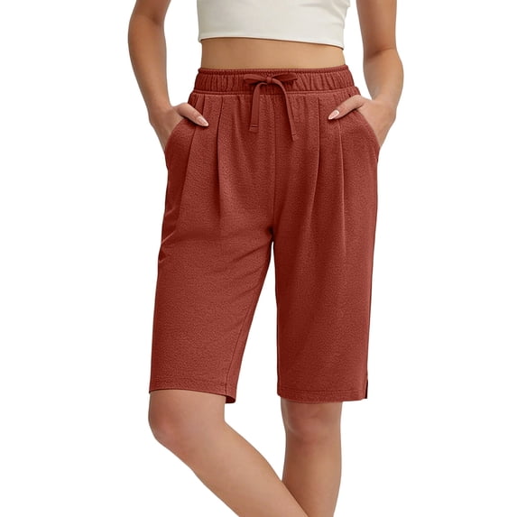 KIHOUT Women's Casual Knee Length Shorts Elastic Drawstring Waist Pleated Pocketed Soft Cotton Blend All Season Wear