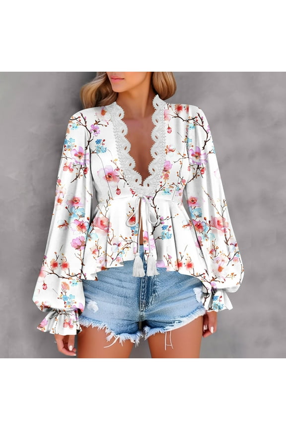 Women's Casual Long Sleeve V-Neck Lace Trim Tie-Front Peplum Top - Fashion Blouse with Ruffled Hem, Spring/Summer Wear (S-XXL)