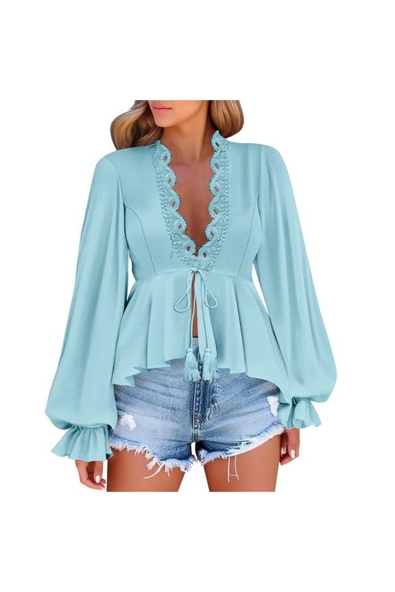 Women's Casual Long Sleeve V-Neck Lace Trim Tie-Front Peplum Top - Fashion Blouse with Ruffled Hem, Spring/Summer Wear (S-XXL)