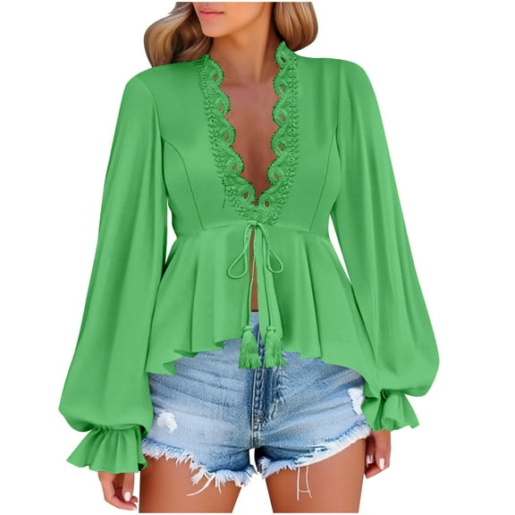 KIHOUT Women's Casual Long Sleeve V-Neck Lace Trim Tie-Front Peplum Top - Fashion Blouse with Ruffled Hem, Spring/Summer Wear (S-XXL)