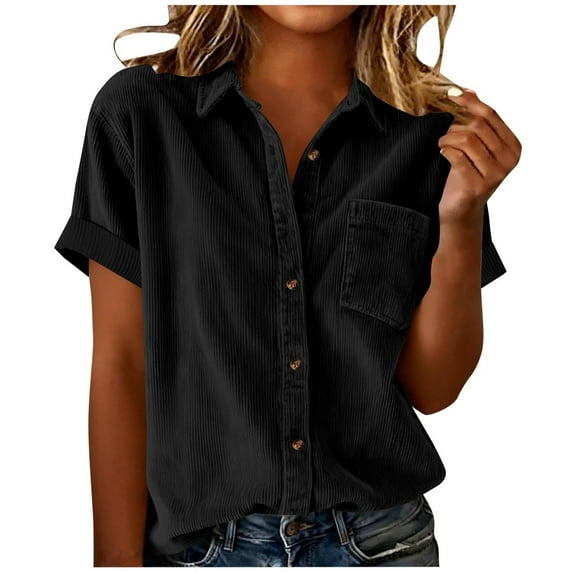 KIHOUT Women's Casual Loose Corduroy Short Sleeve Lapel Pocket Button-Front Shirt Cardigan Top - Daily Work Party Comfortable Wear