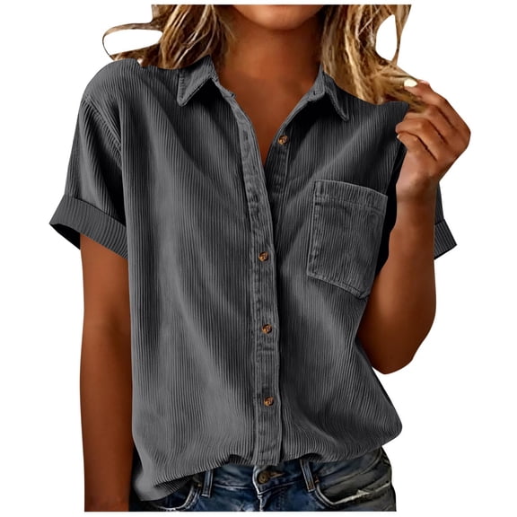 KIHOUT Women's Casual Loose Corduroy Short Sleeve Lapel Pocket Button-Front Shirt Cardigan Top - Daily Work Party Comfortable Wear