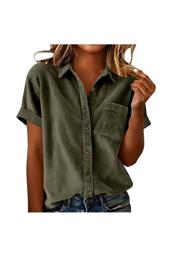 Women's Casual Loose Corduroy Short Sleeve Lapel Pocket Button-Front Shirt Cardigan Top - Daily Work Party Comfortable Wear
