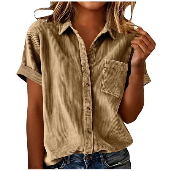 KIHOUT Women's Casual Loose Corduroy Short Sleeve Lapel Pocket Button-Front Shirt Cardigan Top - Daily Work Party Comfortable Wear
