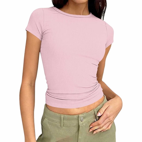 KIHOUT Women's Casual Ribbed Round Neck Short Sleeve Slim Fitted Top - Daily Home Comfortable Fashion Figure-Flattering Wear