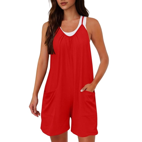 KIHOUT Women's Casual Sleeveless Romper Adjustable Shoulder Straps Pleated Chest Pockets Loose Fit Plus Size Summer Wear