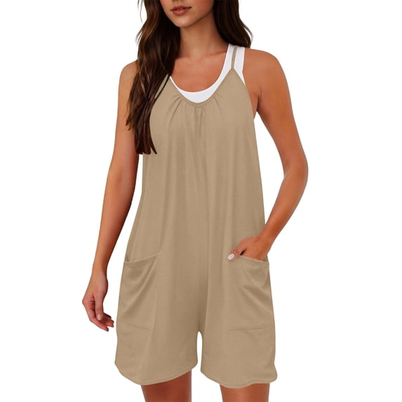 KIHOUT Women's Casual Sleeveless Romper Adjustable Shoulder Straps Pleated Chest Pockets Loose Fit Plus Size Summer Wear