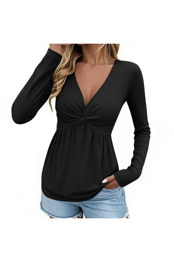 Women's Casual Solid Color Twist Front V-Neck Long Sleeve Top - Trendy Tunic Blouse, Daily & Party Wear (S-XXL)