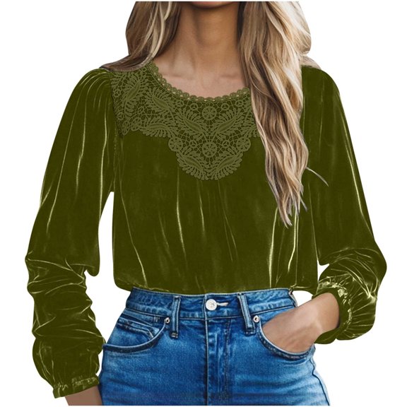 KIHOUT Women's Casual Solid Velvet Lace Patchwork Long Sleeve Top for Spring Winter Daily Party Casual Wear Sizes S-XXL
