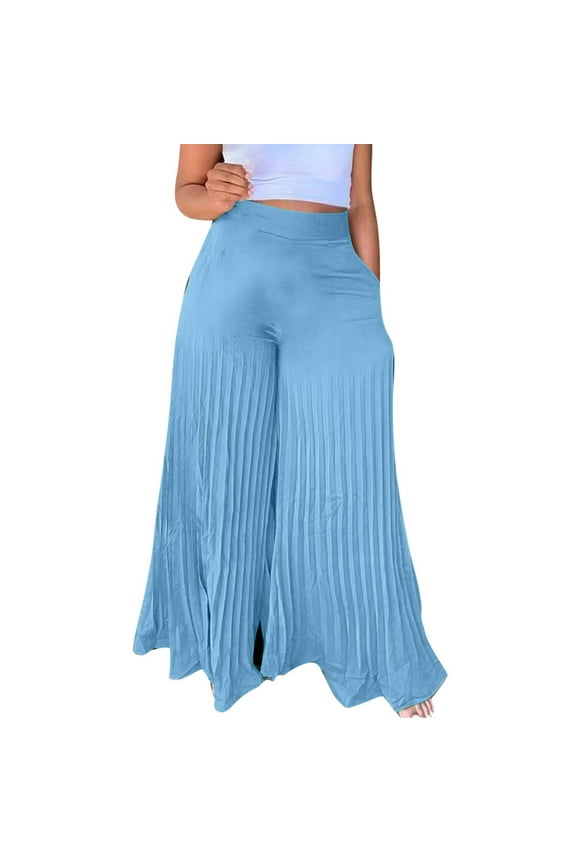 Women's Casual Solid Wide Leg Pants Trousers Flare Chiffon Pockets Elastic Waist Double Layer Crinkle